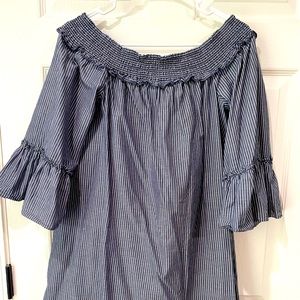 Crown & Ivy Women's Striped Off The Shoulder Dress Bell Sleeve Blue/White Sz SM